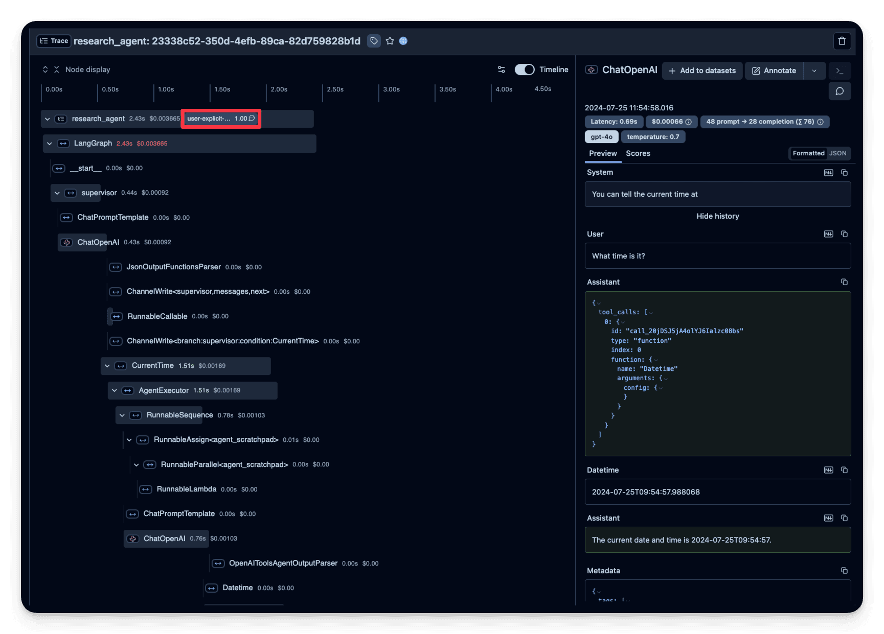 Trace view including added score